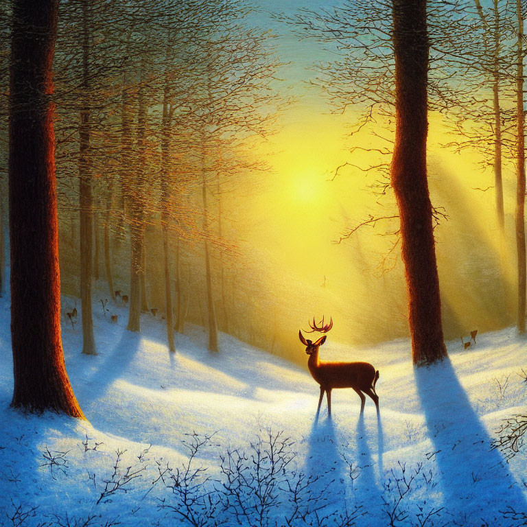 Winter forest scene with majestic deer and sunlight casting shadows