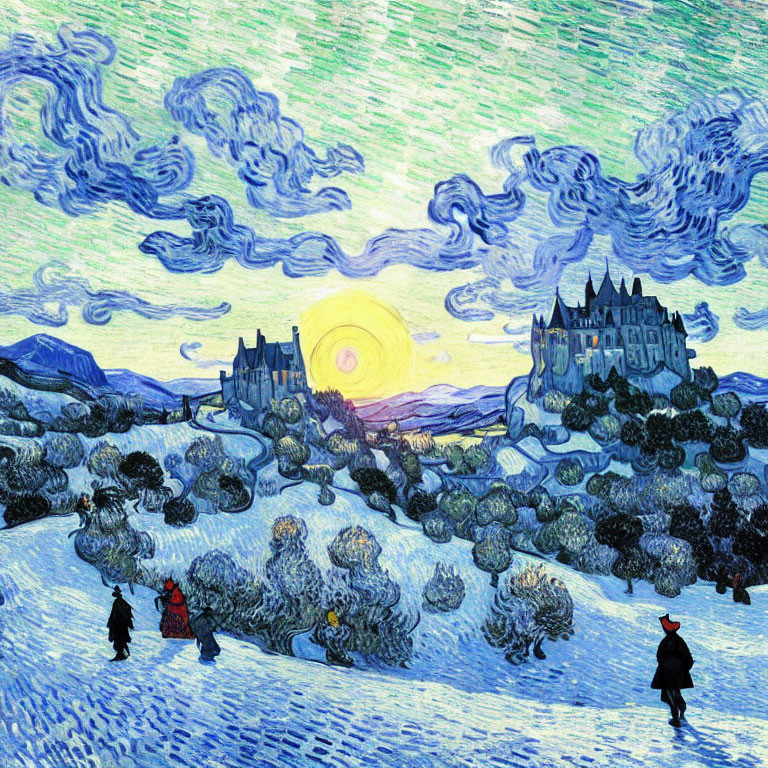 Post-Impressionist style painting of starry night with moon, castle, and figures