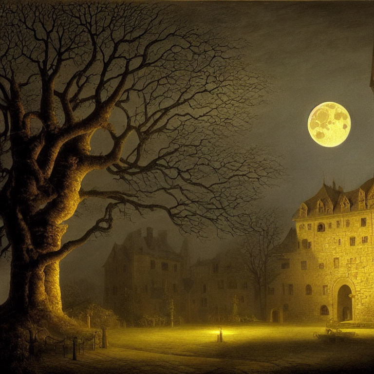 Eerie full moon over misty scene with gnarled tree and old castle