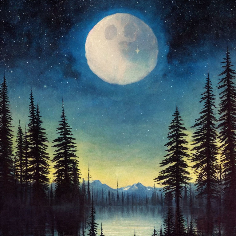 Serene lake scene with human-like face moon