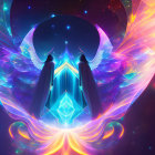 Ethereal figures with colorful wings and celestial background.