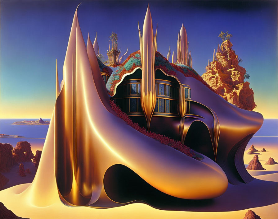 Surrealist painting of melting structure in desert landscape