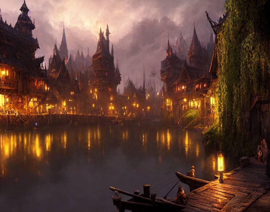 Fantasy medieval town on riverbank at dusk with spires and boats.