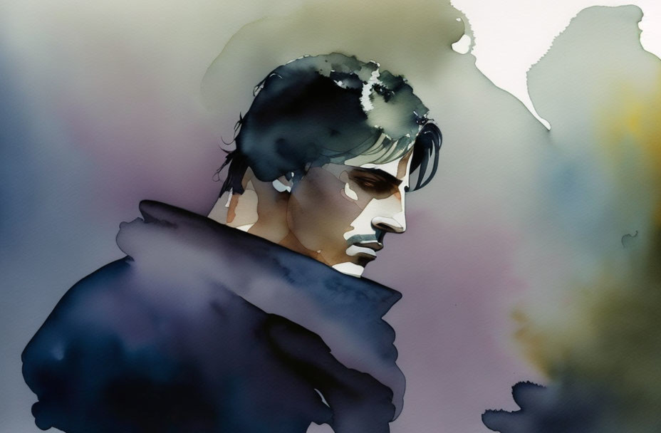 Dark-haired person in somber expression watercolor illustration with cool tones and abstract brushstrokes