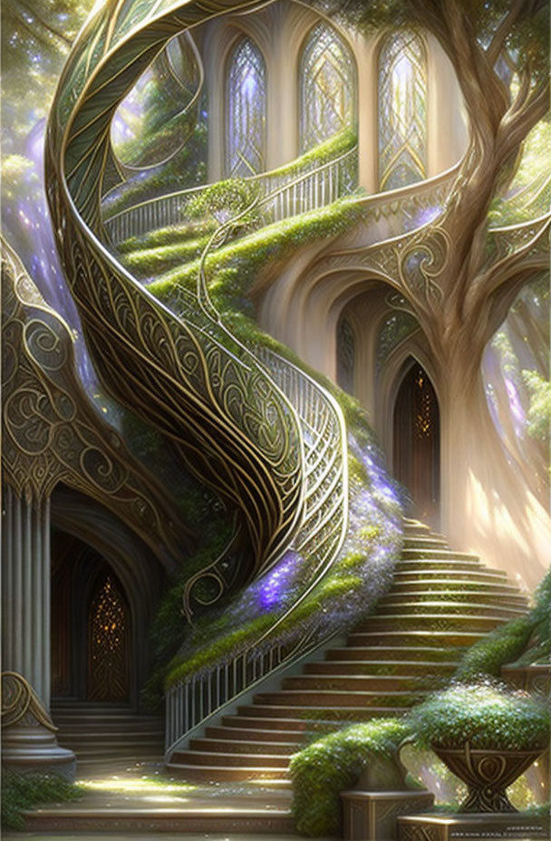 Ethereal staircase in mystical forest with ornate railings