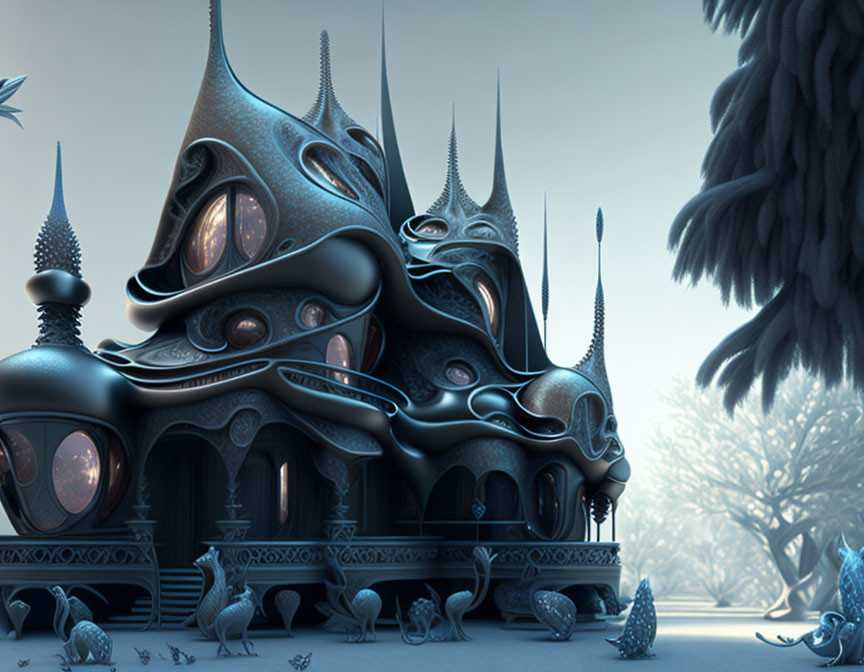 Dark fantasy architecture with spiky towers, alien trees, and creatures at twilight