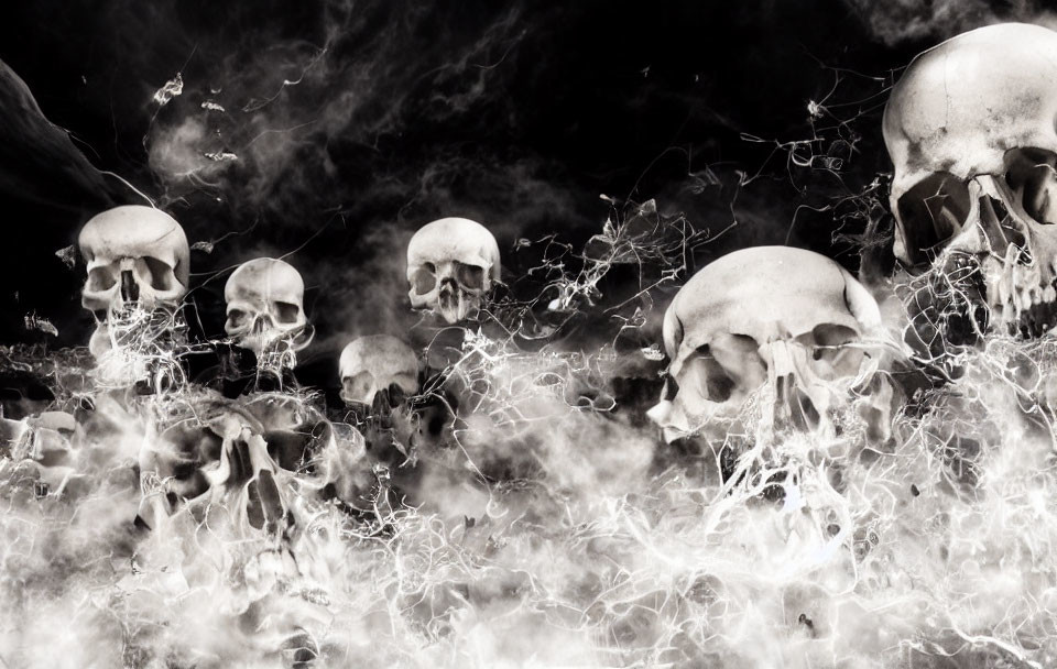 Macabre black and white image of skulls in mist.