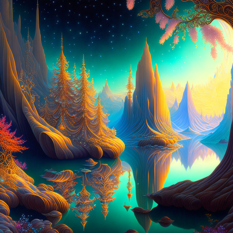 Fantasy landscape with glowing trees and mountains in blue, orange, and purple hues