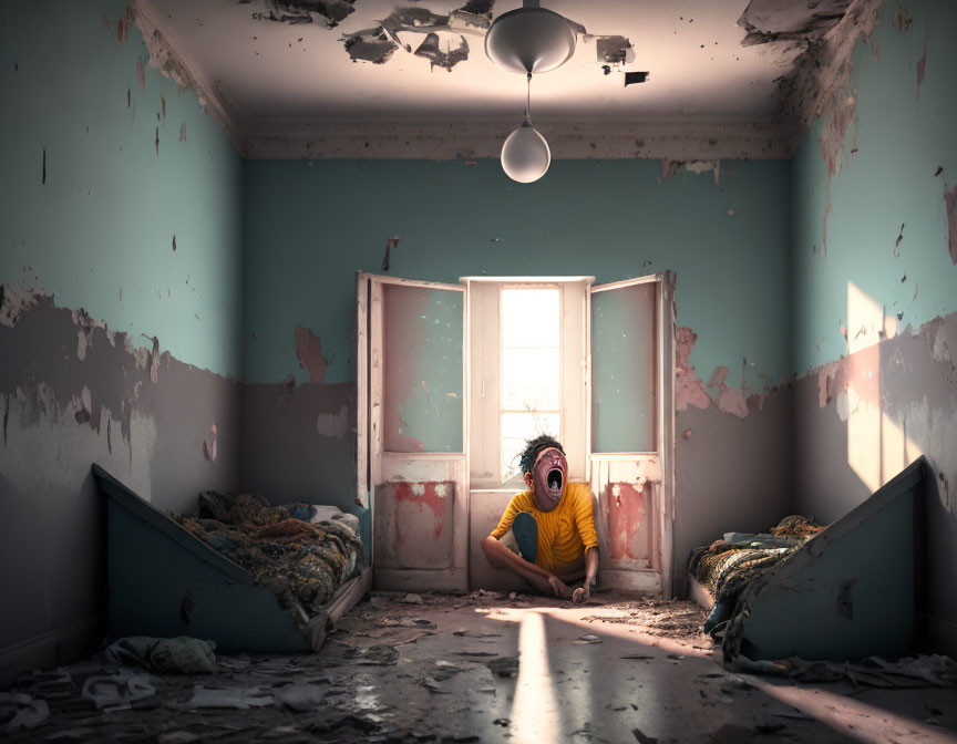 Person in yellow shirt screams in dilapidated room