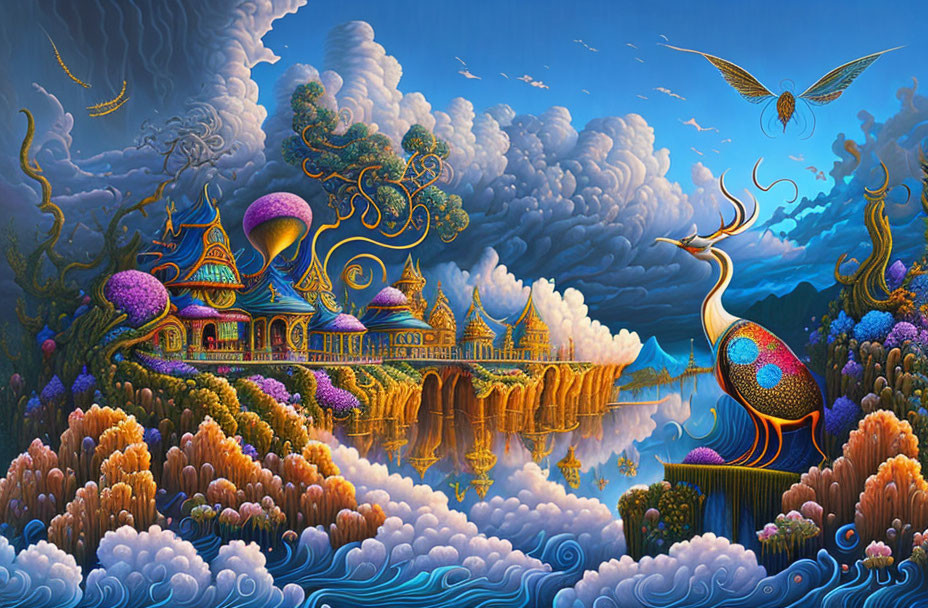 Colorful fantasy landscape with ornate buildings, peacock, and dragon-like clouds