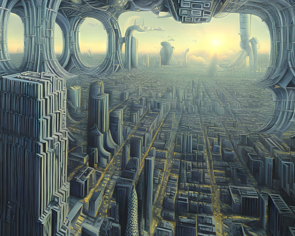 Detailed futuristic cityscape with towering skyscrapers and intricate architecture under a bright sun.