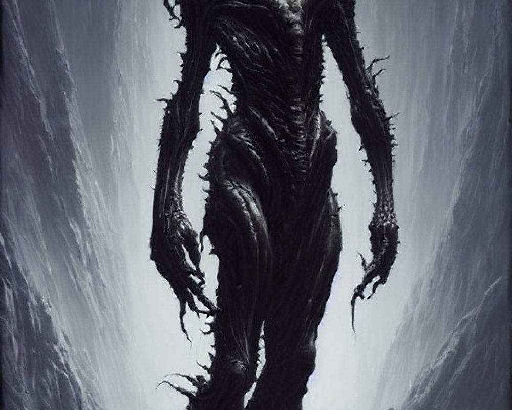 Elongated limbs humanoid figure in dimly lit, foggy environment