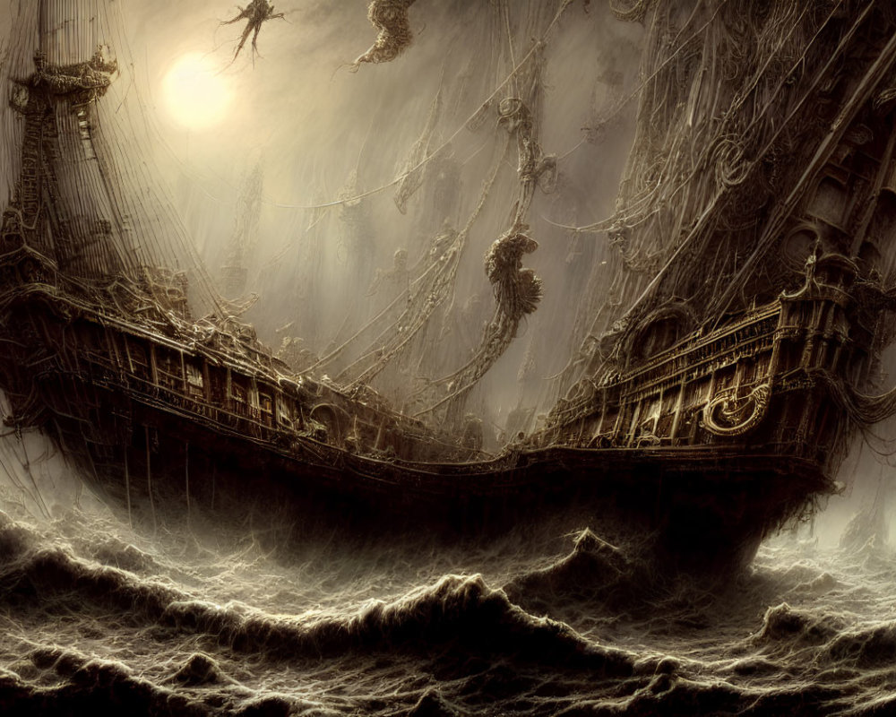 Spooky old ship sailing in misty, moonlit seas