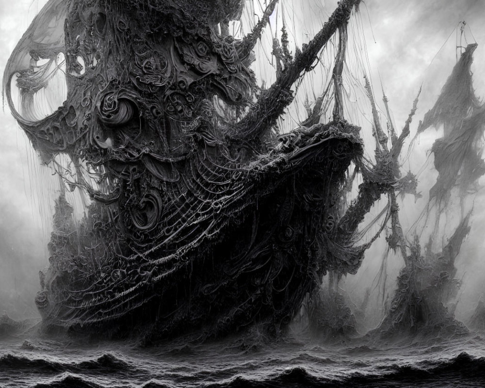 Fantastical ornate ship in monochromatic setting amid misty sea