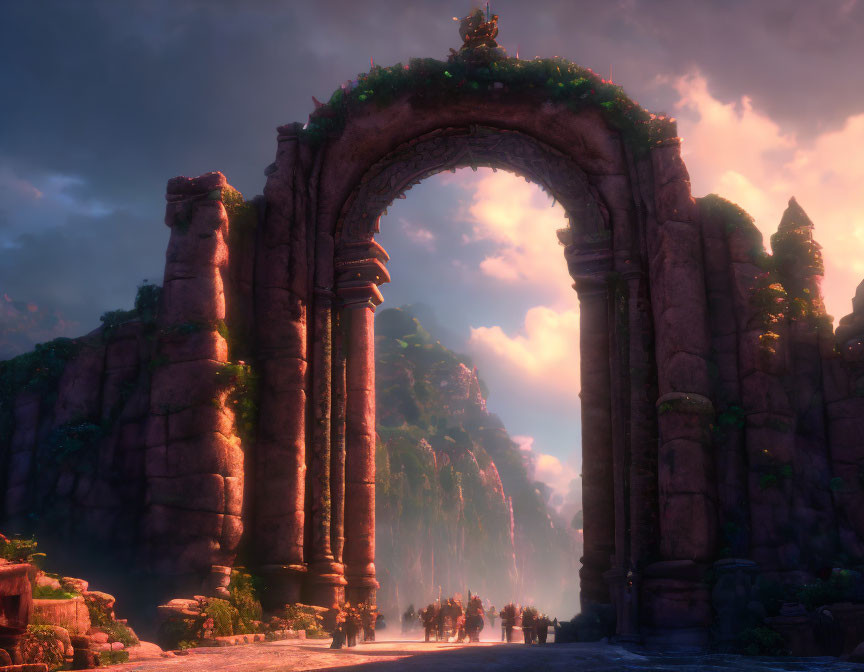 Majestic stone archway with people walking under cliffs at sunset