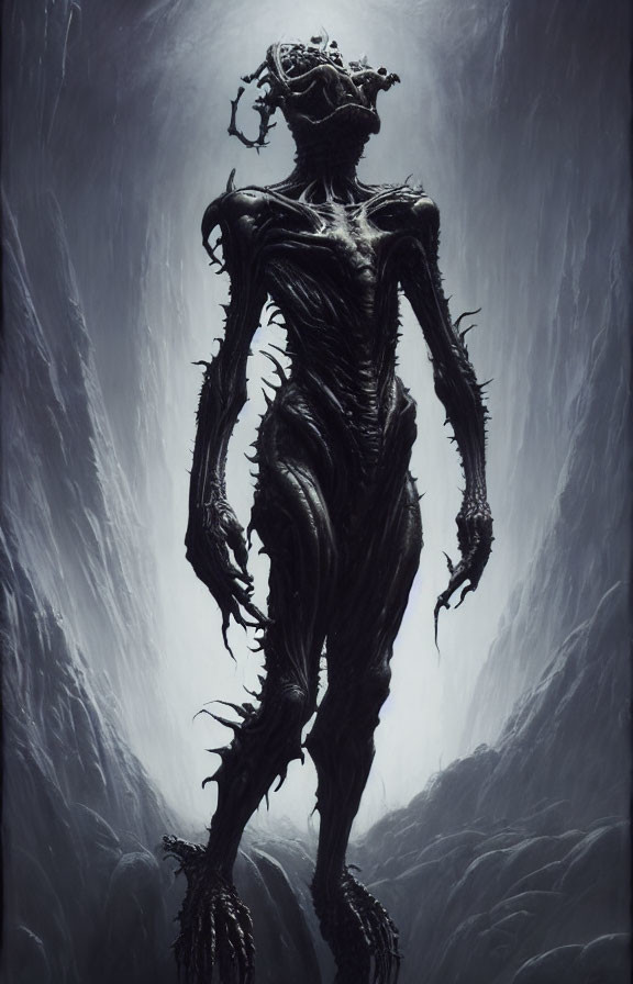 Elongated limbs humanoid figure in dimly lit, foggy environment