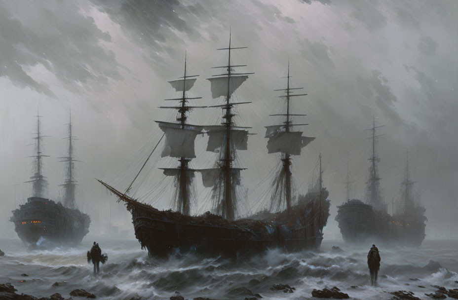 Tall ships in misty sea with figures under brooding sky