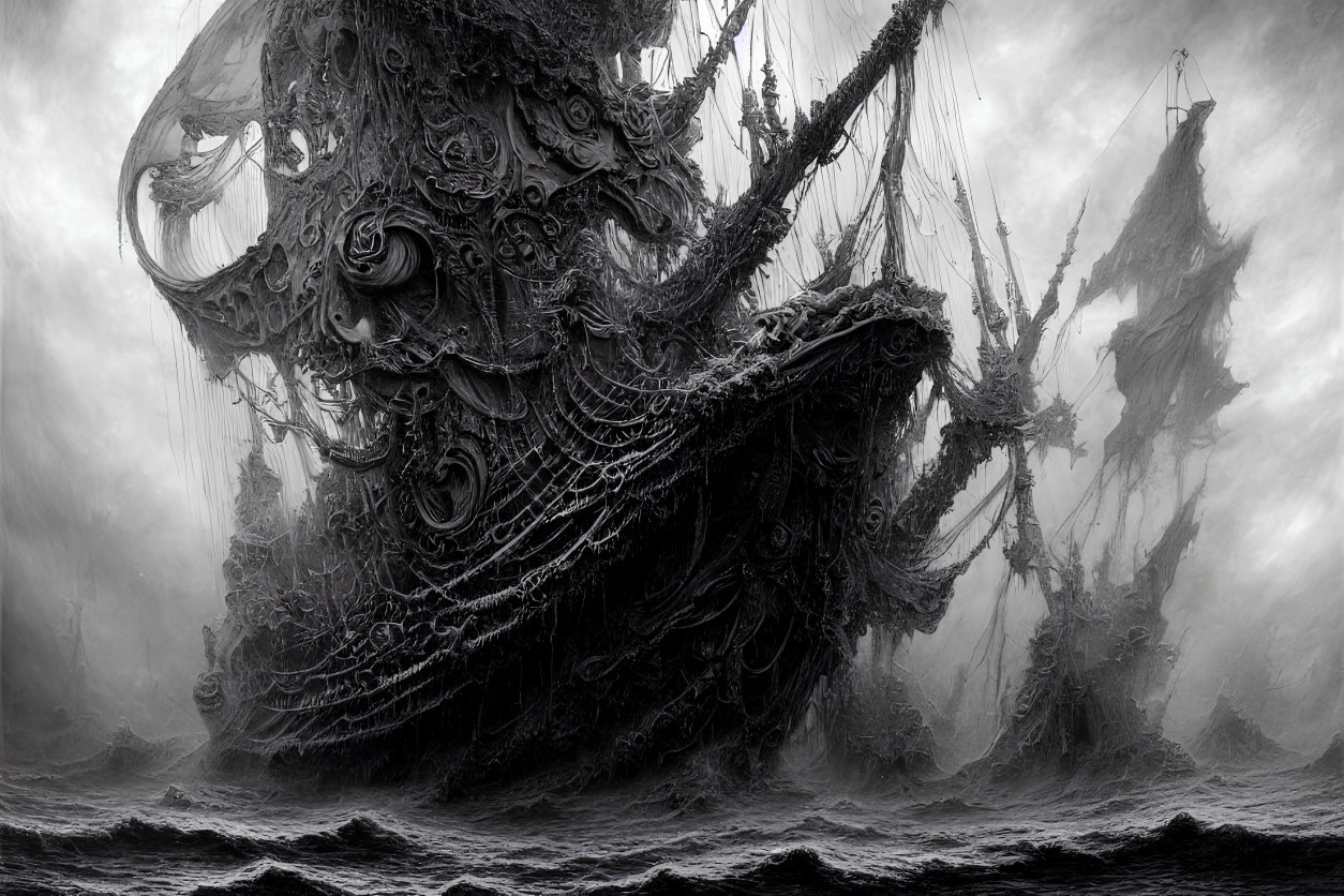 Fantastical ornate ship in monochromatic setting amid misty sea