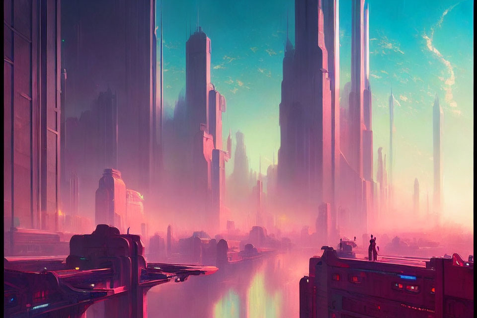 Futuristic cityscape with towering skyscrapers and figures under pink and blue sky