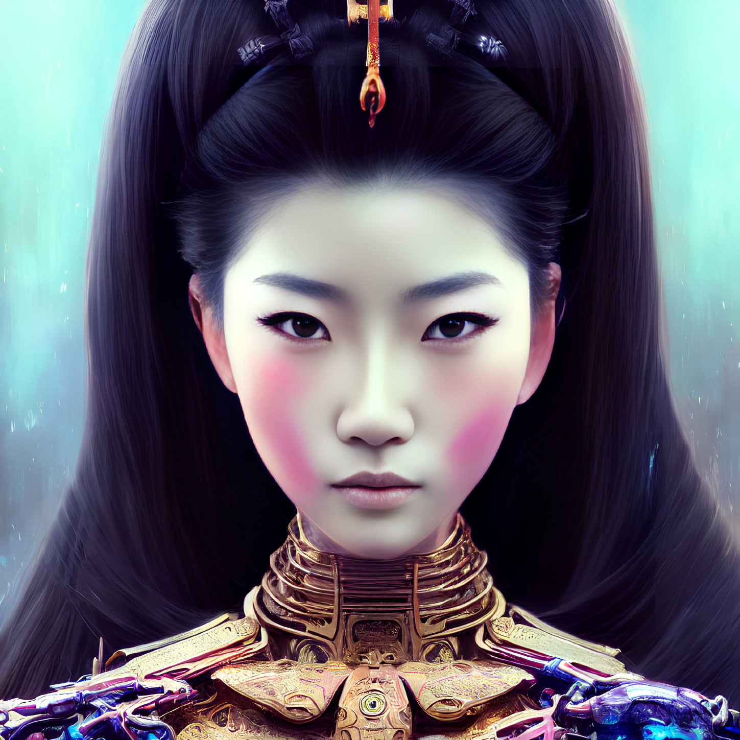 Digital artwork: Asian woman in traditional hairstyle and futuristic golden armor