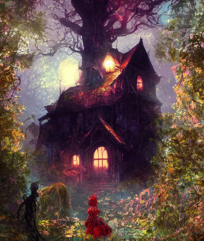 Enchanted forest scene with mystical treehouse, colorful flora, and figure in red cloak