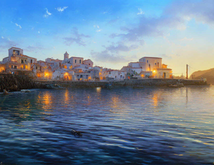 Tranquil seaside village at twilight with warm lights and lone swimmer