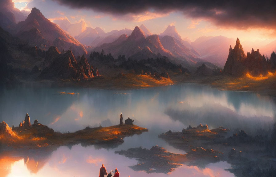 Tranquil sunset landscape with mountains, lake reflection, and figures by water