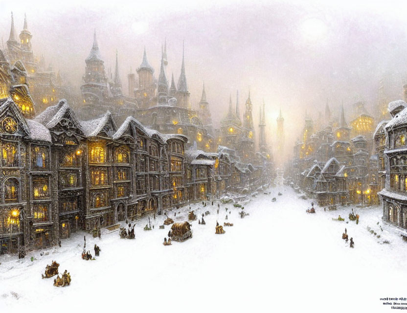 Snowy cityscape with vintage buildings and glowing lights in serene winter scene