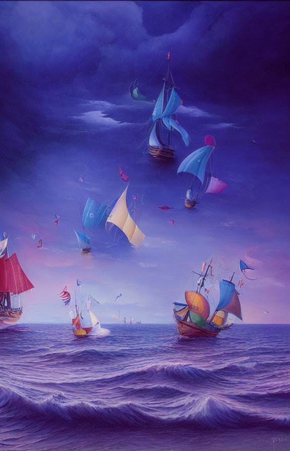 Fantasy maritime scene: Colorful sailing ships on purple sea with floating fish and birds