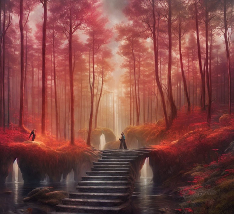 Enchanting forest scene with stone bridge, red foliage, mist, and ethereal figure