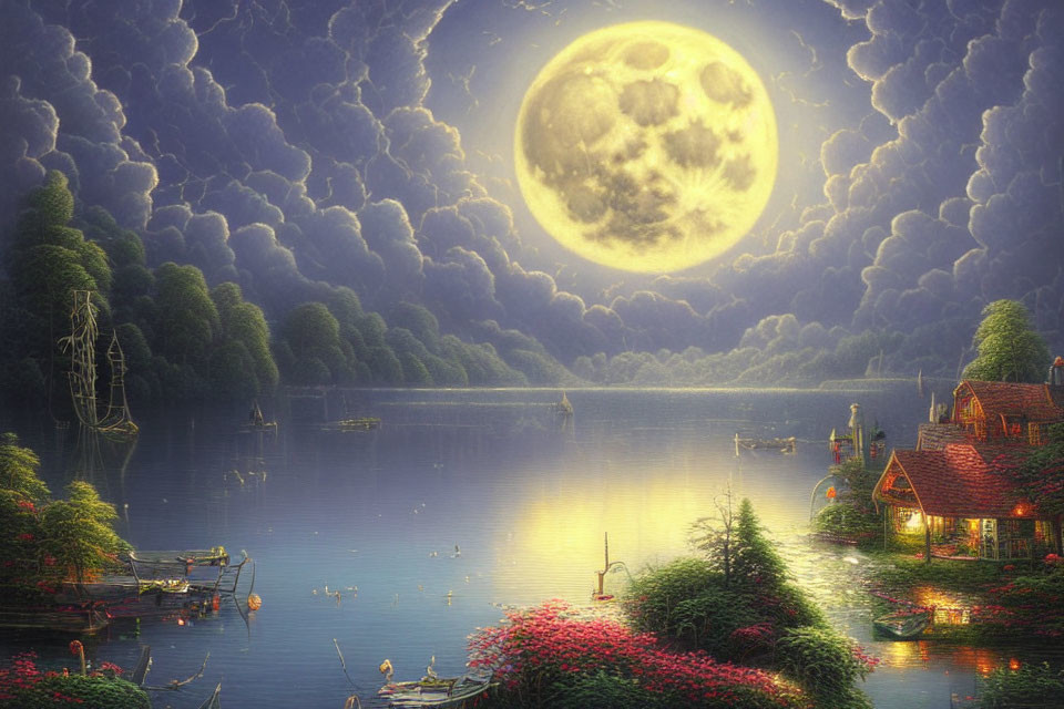 Tranquil lakeside night scene with full moon, clouds, houses, ship, boats, and