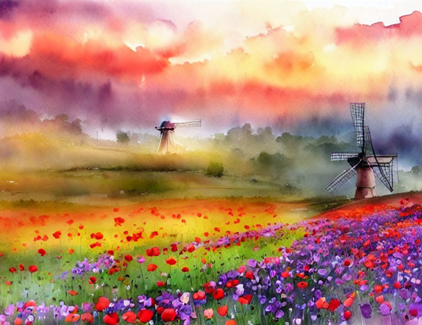 Colorful watercolor painting of red and purple flowers in a field with windmills under a dawn