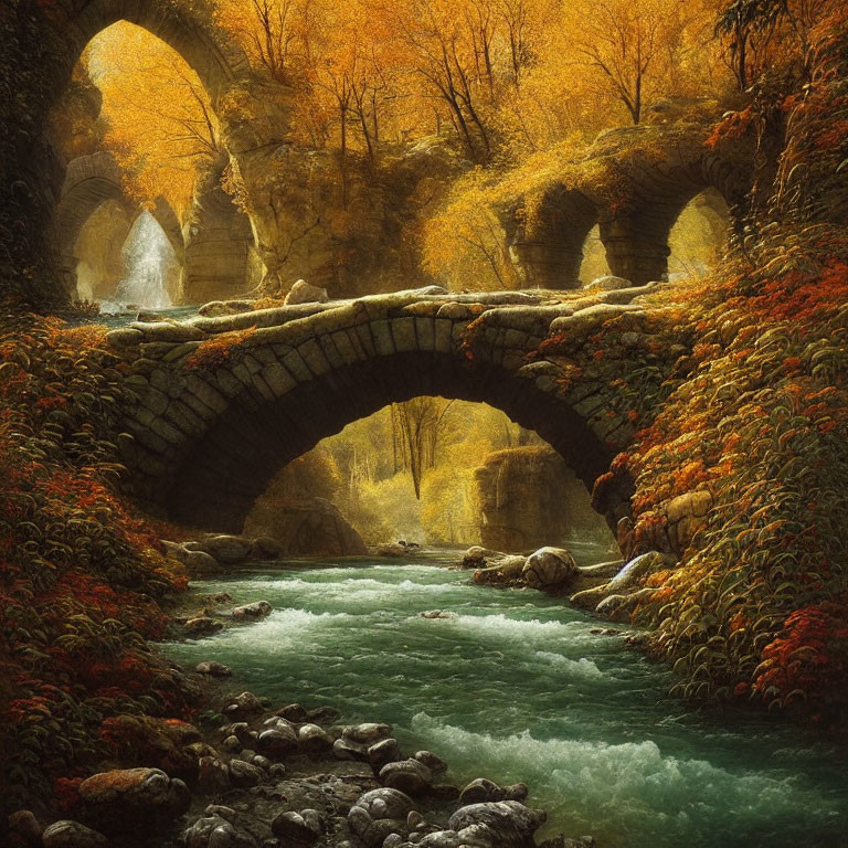 Tranquil autumn landscape with stone bridge and river