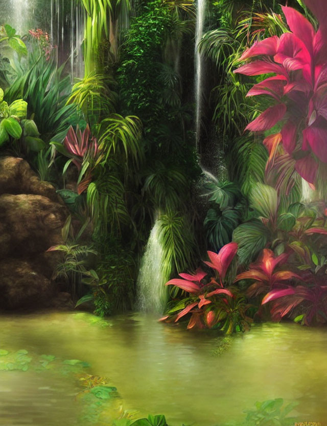 Tranquil Tropical Waterfall with Pink Foliage and Pond