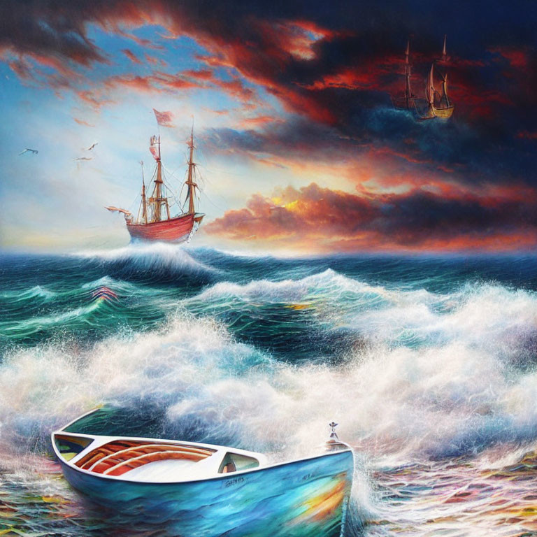 Colorful painting of rowboat and ship on stormy seas at sunset