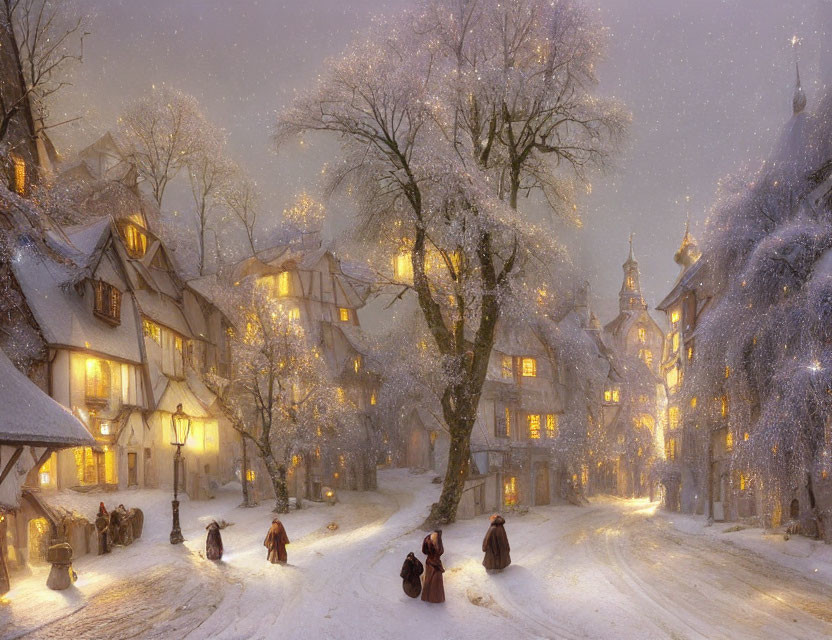 Snow-covered village street at night with warm glowing lights