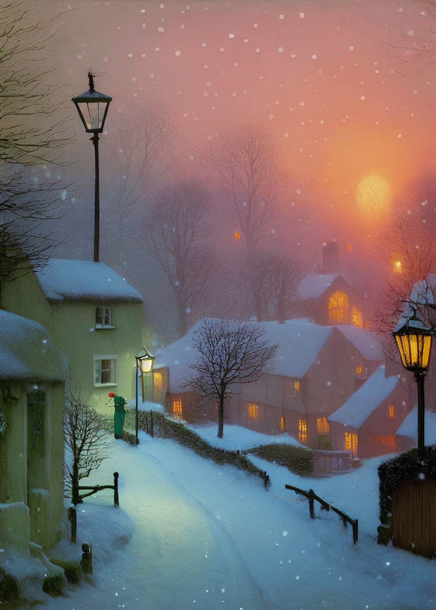 Snowy Twilight Village Scene with Glowing Lights and Falling Snowflakes