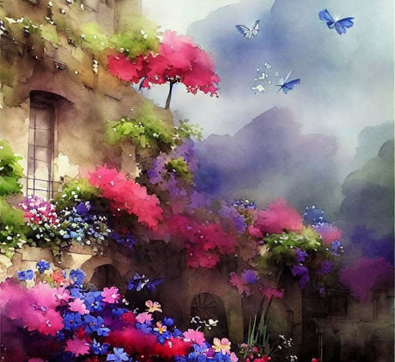 Watercolor illustration of blooming garden with butterflies and stone building in mystical foggy setting