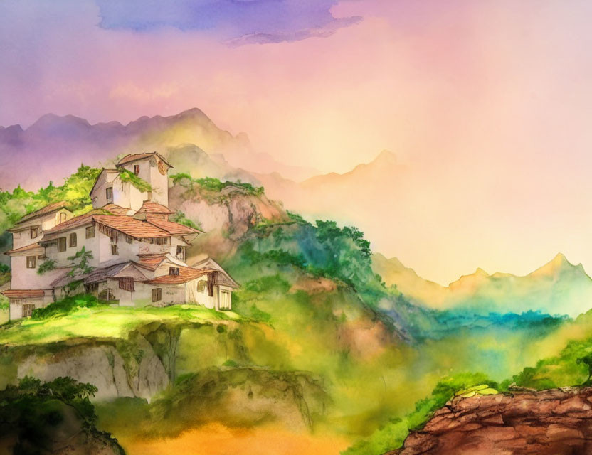 Scenic watercolor painting of village on hill with misty mountains