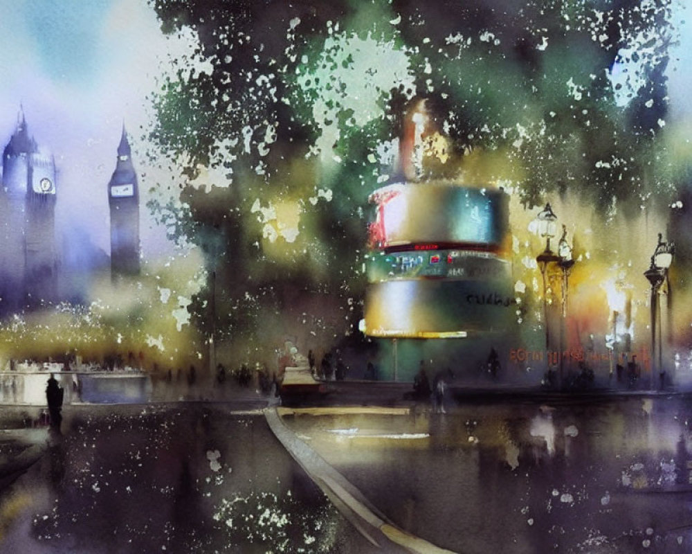 Vibrant Watercolor Painting of Rainy Cityscape with Big Ben