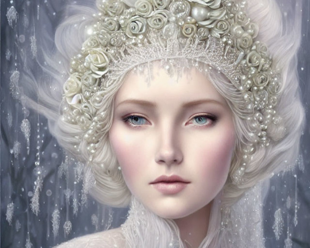 Pale-skinned woman with blue eyes in pearl-studded headdress among white roses on snowy backdrop