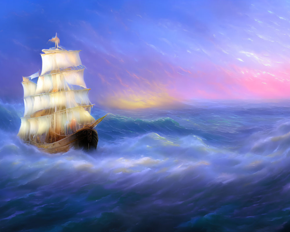 Majestic sailing ship with unfurled sails on turbulent ocean waves