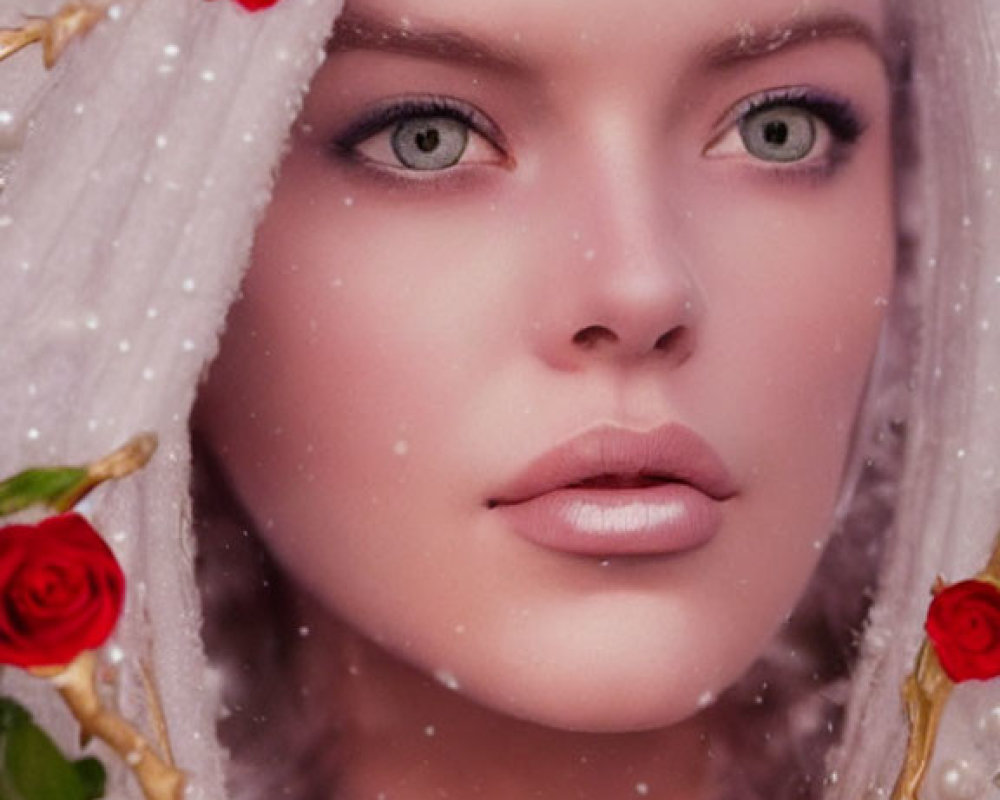 Close-up portrait of woman with blue eyes, white fabric, red roses, snowflakes