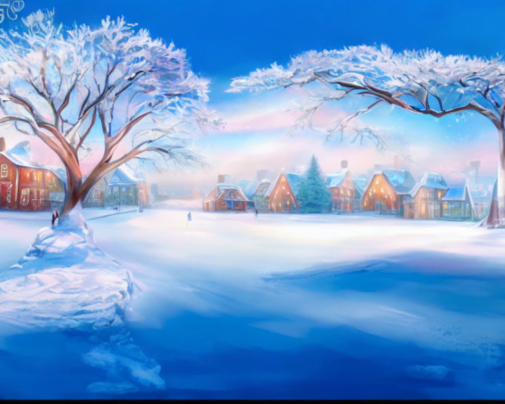 Snowy landscape with frosted trees, colorful sky, and cozy houses in serene winter village.