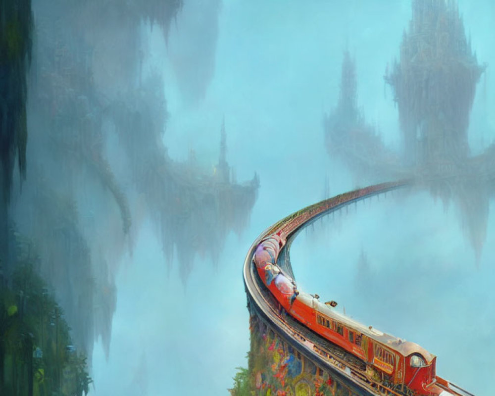 Red train on curved track near mist-shrouded islands with castle-like structures