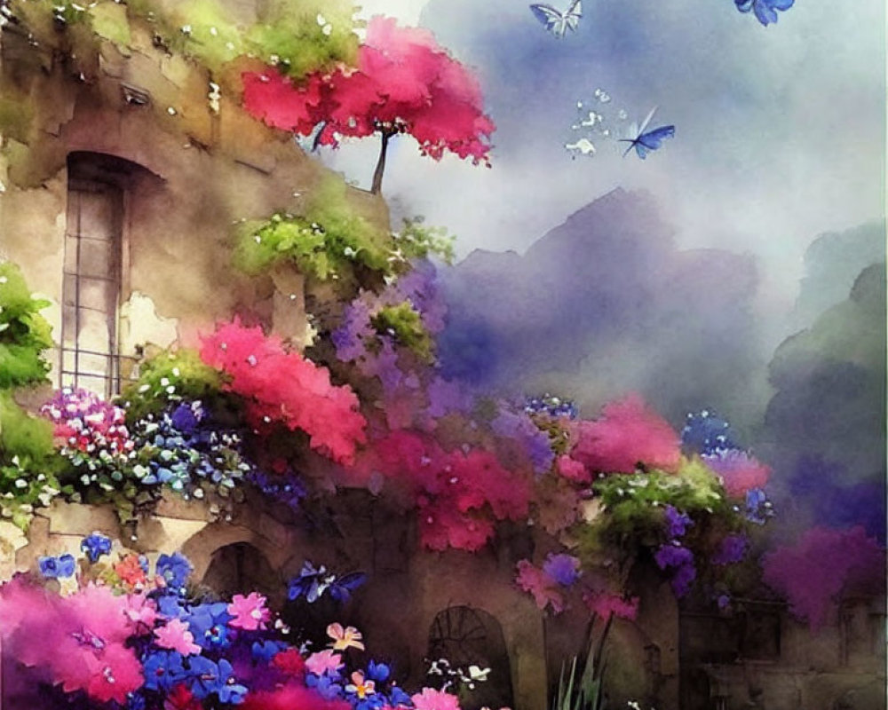 Watercolor illustration of blooming garden with butterflies and stone building in mystical foggy setting