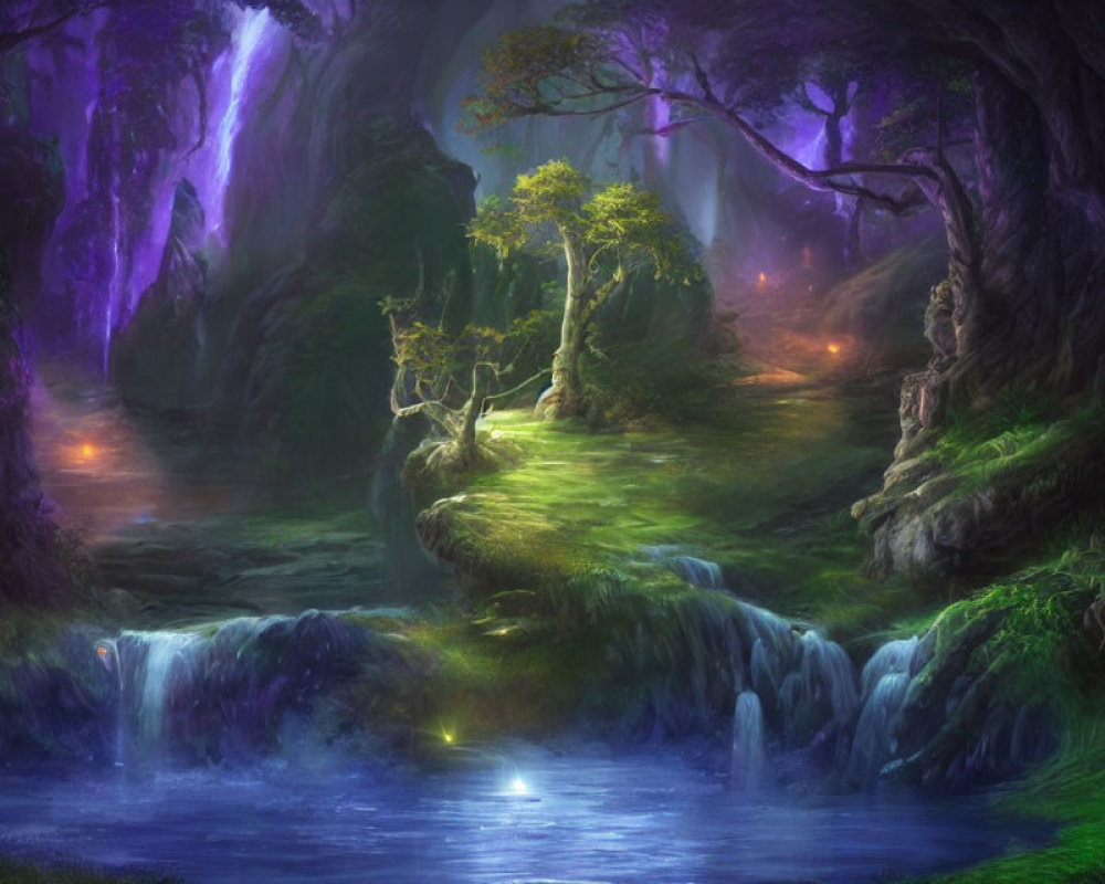 Ethereal forest with purple hues, serene waterfall, and misty light reflections