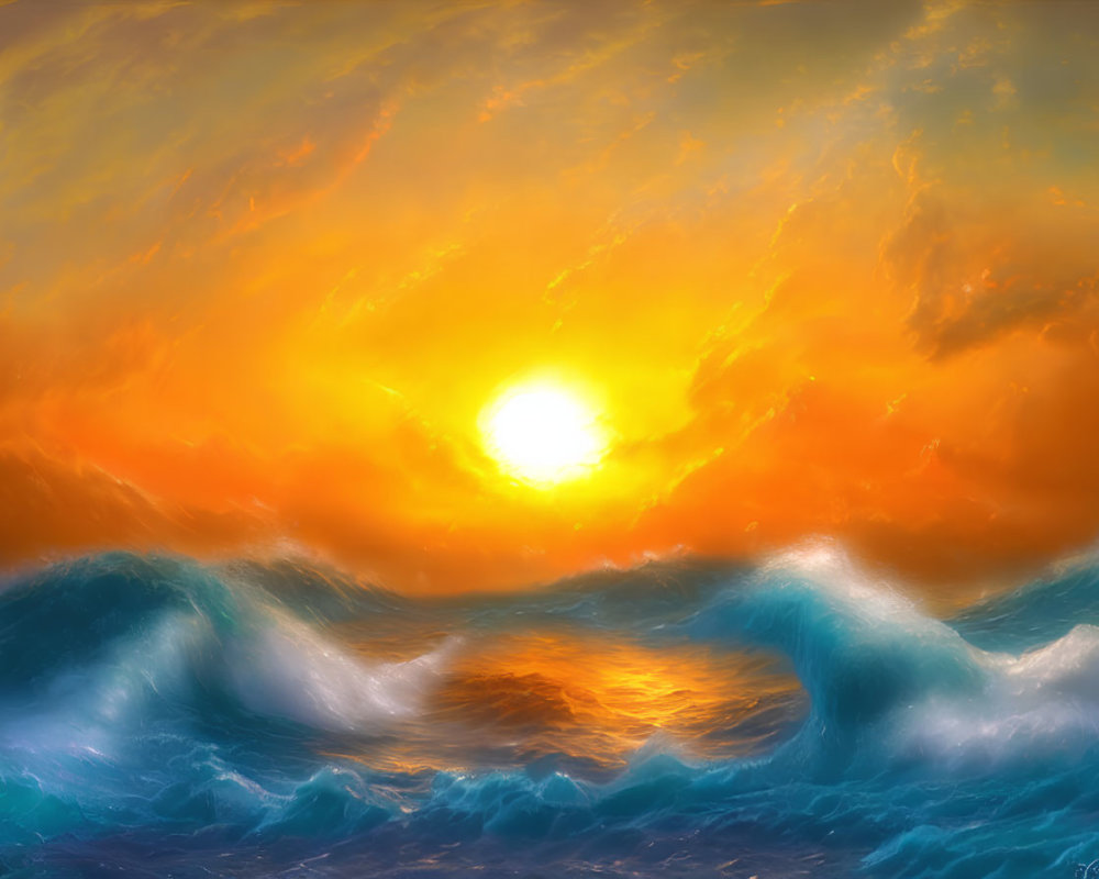 Colorful digital artwork: Sunset over turbulent ocean waves