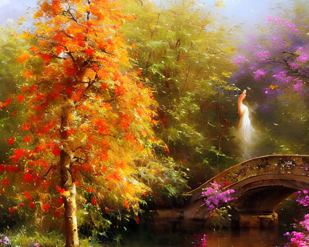 Colorful autumn landscape with bridge, river, and figure in white amidst lush foliage.