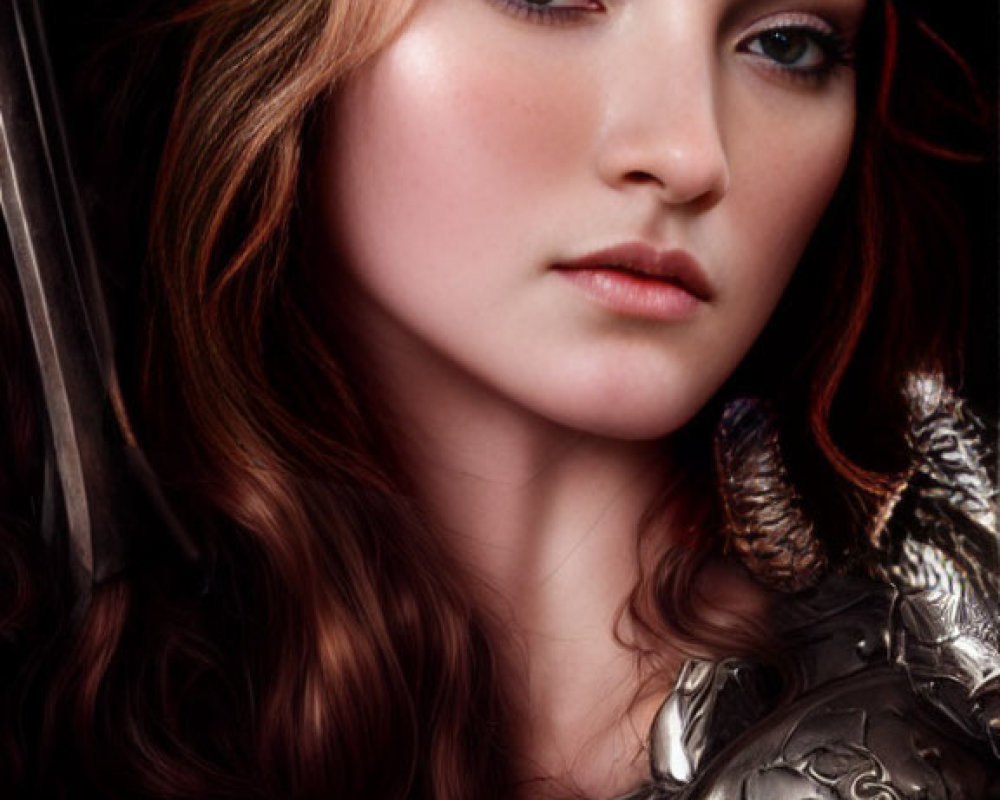 Auburn-haired woman in silver armor and circlet with regal warrior aura